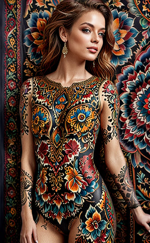  A full-body tattoo in the style of old persian carpets , very elegant for women , dark warm colours , high resolution and contrast and colour contrast,  intricately textured and extremely subtle detailed, detailmaster2,  side-light,  ultra quality,  fine artwork 