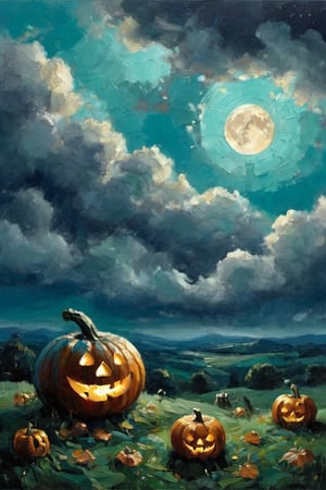 (((Colour painting)_(((Art painting, masterpiece)))_(((the painting of a Screwdraw:1.7)_(a Jack-o-lantern:1.5)_( and the ghost of Jack at samhain by night:1.3)))_(((background, grassy plain all over in teal/indigo/tan:1.3)))_(((in the sky fantastically formed clouds:1.3)))_volumetric lighting, dramatic atmosphere, dark palette, 28mm, t1/250, f14,  deep focus, high resolution and contrast and colour contrast,  intricately textured and extremely subtle detailed,  detailmaster2, side-light,  ultra quality,  fine artwork , Raw Photo