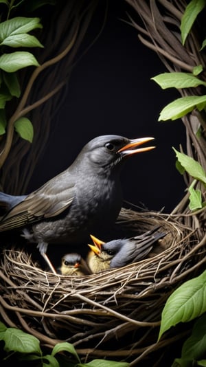 A blackbird feeding its nestlings  in his nest among bushes, high  resolution and contrast,  high colour contrast,  intricately textured and extremely detailed,  detailmaster2,  side-light,  ultra quality,  dark palette ,