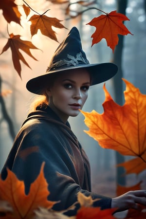 (((Art photography,  masterpiece)))_(((a witch and Jack's ghost meet among dead leaves:1.3)))_(((in a photorealistic foggy Autumn landscape of end  october , dead leaves everywhere,  in the style of National Geographic)))_dark palette, dramatic  atmosphere, naturalistic colouring with a blue/grey touch, volumetric lighting,  intricately textured and extremely subtle detailed,  detailmaster2,  ultra quality,  pastel art,  fine artwork , epic vision,  deep focus 