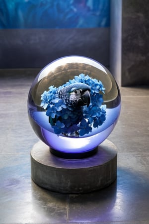 (((Black and white photography )))_(((Art photography, masterpiece)))_( A large round translucent concrete crystal  ball filling the image, lying on a museum floor  reflecting a blue mawcaw parrot ,a light-violet hydrangea  in dimetric projection:1.7)_(black and white  surroundings:1.2),  dark palette, 28mm, t1/250, f14,  high resolution and contrast and colour contrast,  intricately textured and extremely subtle detailed,  detailmaster2,  side-light,  ultra quality,  fine artwork , Raw Photo