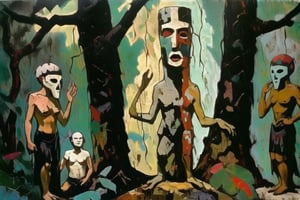 (A totem dance in rainforest around a masked tree with cut in masks  of gods and demons:1.6),BREAK,(masked with demonesc wood masks, men and women dancing together around the tree:1.2),BREAK, (dark greens, browns, grays, yellows and muted colours:1.2), intense atmosphere, action, elegant deep focus, detailmaster2,  strobe lighting, concept art, ultra quality,  fine artwork 