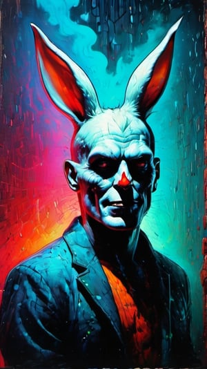 Easter bunny ,whole body, an absolute charming, freaky  easter bunny leaning  against a house wall and lsmokes a joint looking into the world with kind of a satanic grin on his face, deep focus,  high color contrast,   detailmaster2, ultra quality, side-light,epic view,Colorful Binary Code Energy