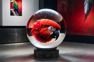 (((Black and white photography )))_(((Art photography, masterpiece)))_( A large round translucent concrete crystal  ball filling the image, lying on a museum floor  reflecting  a red mawcaw parrot in divergent perspective:1.7)_(black and white  surroundings:1.2),  dark palette, 28mm, t1/250, f14,  high resolution and contrast and colour contrast,  intricately textured and extremely subtle detailed,  detailmaster2,  side-light,  ultra quality,  fine artwork , Raw Photo