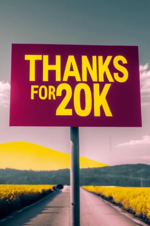 In the foreground ((the sign  text  "THANKS FOR 20 K" ) duotone scarlet/indian yellow,   in the background sky