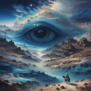 ((Some surrealistic dream world with eyes as mountains:1.3) and blue desert) (with translucent  Bedouins:1.6)  , dark palette,  high resolution and contrast and colour contrast,  intricately textured and extremely subtle detailed,  detailmaster2,  side-light,  ultra quality,  fine artwork,  epic view,  deep focus 