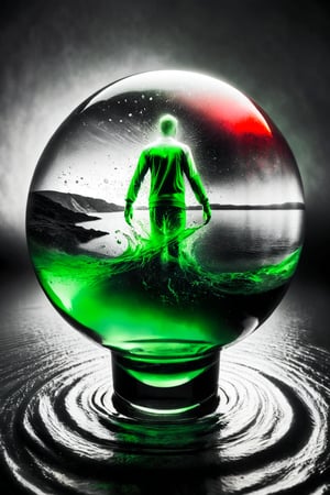 (((Black and white photography)))_(((Colour photography)))_(((Art photography, masterpiece)))_( an image filling glass with water,:1.5)_( red, blueyellow watercolour diffusing into the water in accelerated curvilinear perspective:1.7)_(in the backgrounda green figure:1.3)_(black and white  surroundings:1.2),  dark palette, 28mm, t1/250, f14,  deep focus, high resolution and contrast and colour contrast,  intricately textured and extremely subtle detailed,  detailmaster2,  backlight, dramatic  lighting, ultra quality,  fine artwork , Raw Photo