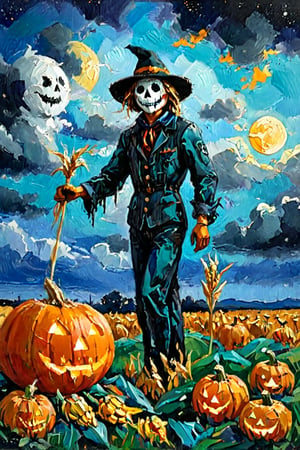 (((Colour painting)_(((Art painting, masterpiece)))_(((the painting of a Scarecrow within a dry corn field:1.7)))_(((a Jack-o-lantern:1.5)))_(((and the ghost of Jack at samhain by night:1.3)))_(((background, grassy plain all over in teal/indigo/tan:1.3)))_(((in the sky fantastically formed clouds:1.3)))_volumetric lighting, dramatic atmosphere, dark palette, 28mm, t1/250, f14,  deep focus, high resolution and contrast and colour contrast,  intricately textured and extremely subtle detailed,  detailmaster2, side-light,  ultra quality,  fine artwork , Raw Photo