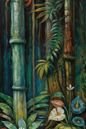 A surrealistic oil paint reminiscenting rainforest life, structures and textures intermingle, it's also concrete as fantastical, no erspective, 1 image plane, extra dark palette of greens and browns, masterpiece,  ultra quality,  fine artwork inspired  by Max Ernst's works 