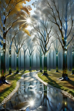 (On a walk in a wood of glass:1.3), (wonderful light reflections among the translucent glass trees_mystic structures, all the translucent tree leaves reflecting sunlight_a mystic place:1.5), dark palette,  high resolution and contrast and colour contrast,  intricately textured and extremely subtle detailed,  detailmaster2,  side-light,  ray tracing shadows,  ultra quality,  fine artwork 