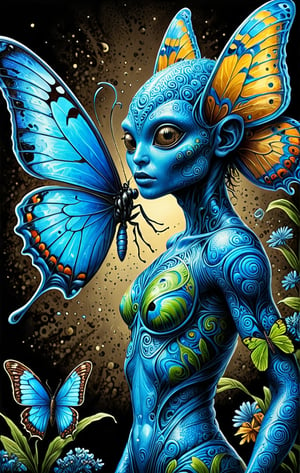 (Comic  Art) an Alien with a blue swirled skin and amazing empathy for living organisms dances together with a butterfly,  dark palette, high  resolution and contrast and colour contrast,  intricately textured and extremely subtle detailed,  detailmaster2,  side-light,  ultra quality,  fine artwork 