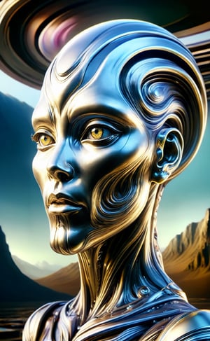 Out of a heavy seastorm with branding waves appears a female scifi creature of liquid metal with an unreadable expression, dark palette,  high resolution and contrast and colour contrast,  intricately textured and extremely subtle detailed,  detailmaster2,  side-light,  ultra quality,  fine artwork 