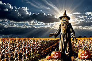 (((Colour photography)_(((Art photography, masterpiece)))_(((the photograph of Jack as Scarecrow within a dry corn field:1.7)))_(((a Jack-o-lantern:1.5)))_(((and the ghost of Jack at samhain by night:1.3)))_(((background, grassy plain all over in naturalistic colouring:1.3)))_(((in the sky fantastically formed clouds:1.3)))_volumetric lighting, dramatic atmosphere, dark palette, 28mm, t1/250, f14,  deep focus, high resolution and contrast and colour contrast,  intricately textured and extremely subtle detailed,  detailmaster2, side-light,  ultra quality,  fine artwork , Raw Photo