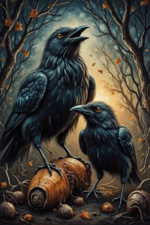 (((Coloured Pencil drawing, masterpiece)))_(((crows picking on dead bats in the early morning:1.7)))_volumetric lighting, dramatic atmosphere, dark palette, 28mm, t1/250, f14,  deep focus, high resolution and contrast and colour contrast,  intricately textured and extremely subtle detailed,  detailmaster2, side-light,  ultra quality,  fine artwork , Raw Photo