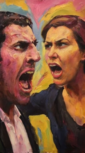 An expressive  scenery of1 man and 1 woman yelling at each other, dark palette, pink/yellow background,  high contrast,  detailmaster2,  side-light,  ultra quality ,expressionist painting,palette knife painting