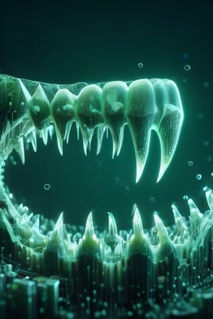 A ballet  of prothetic zirkonium teeth and natural teeth on stage,   a surrealistic scenery, cinematic, green Matrix,  studio light teeth in the background ,3D Mesh,dissolving into pixels