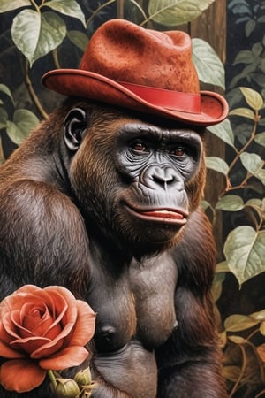  (photographic artwork) ((monochrome  image 70s style black and white) and red)  a full-body  portrait  of a grinning  gorilla with a red hat in a zoo, dark palette , transparent  fading,  resolution and contrast and colour contrast,  intricately textured and extremely subtle detailed,  detailmaster2,  side-light,  ultra quality,  fine artwork 