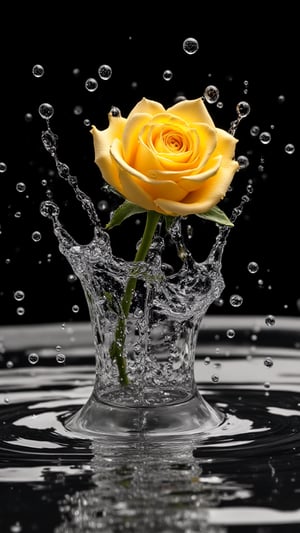 (((Black and white photography)))_(((Colour photography)))_(((Art photography, masterpiece)))_( a big splashing of water out of nowhere , a yellow rose blossom within the splash ,in curvilinear perspective:1.7)_(black and white  surroundings:1.2),  dark palette, 28mm, t1/250, f14,  high resolution and contrast and colour contrast,  intricately textured and extremely subtle detailed,  detailmaster2,  side-light,  ultra quality,  fine artwork , Raw Photo