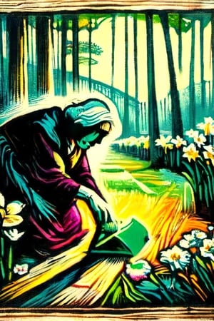 ( Lithographic Art design) 1 elderly woman bows down in the park, outdoors, to get a better smell of all the daffodils around, a flat 
hand-colored chalk print , chalk lining is seen clearly, dark palette, spring lighting, high colour contrast, high contrast, warm colours,  juicy green, 2D, ultra quality , intricately textured and detailed,digital painting,woodblock print