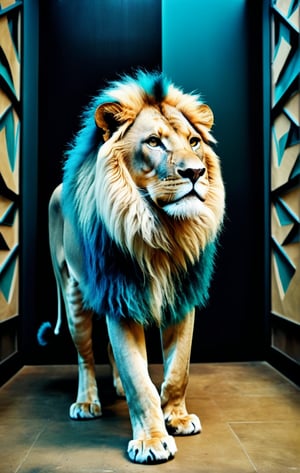  (photographic artwork) (monochrome  image 70s style black and white and teal )  a full-body  portrait  of a  lion in a zoo. The lion has a teal coloured   mane  , dark palette , transparent  fading,  resolution and contrast and colour contrast,  intricately textured and extremely subtle detailed,  detailmaster2,  side-light,  ultra quality,  fine artwork 