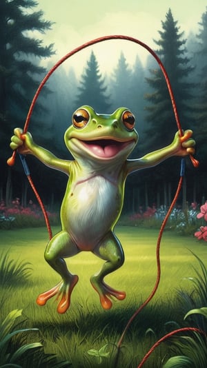 A green frog with a large grin on his face is jumping rope on the grass , dark vivid palette,  high resolution and contrast,  high colour contrast,  intricately textured and extremely detailed,  detailmaster2,  ray tracing shadows,  backlight,  ultra quality,  fine artwork ,ink art,line art illustration