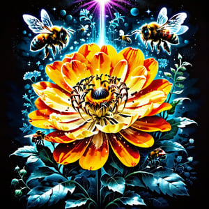 A WONDER flower for everybody that brings love and courage back together with magic bees, high_resolution and contrast and colour contrast,  intricately textured and extremely subtle and elegantly detailed,  detailmaster2, side-light,  ultra quality ,Movie Poster,ink art,retro ink,line art illustration