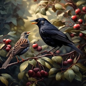 A blackbird meeting  a sparrow under a bush in the garden, moody lighting, dark palette,  high resolution and contrast,  intricately textured and extremely detailed,  detailmaster2,  ray tracing shadows,  side lighting,  ultra quality ,Digital painting ,Leonardo Style,Pomological Watercolor