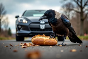 (((Black&white photography)))_(((Colour photography)))_(((Art photography, masterpiece)))_((( a naturalistic epic full-body view of a corvus corone cornix/Hooded  crow putting an old bread loaf before the wheels of a starting car1.7)))_(((sky background:1.3)))_volumetric lighting,  dark palette, 28mm, t1/250, f14,  deep focus, high resolution and contrast and colour contrast,  intricately textured and extremely subtle detailed,  detailmaster2, side-light,  ultra quality,  fine artwork , Raw Photo