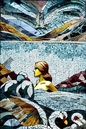 A glass mosaic of landscape with small lake and trees around in the foreground and high mountains  in the background,  dark palette,  high resolution and contrast and colour contrast,  intricately textured and extremely subtle detailed,  detailmaster2,  side-light,  epic view,  fine artwork ,DonMPl4sm4T3chXL ,colorful, dark_magician_girl,ArtDecoXL