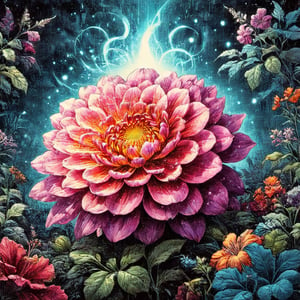 A WONDER flower for everybody that brings love and courage back together with high_resolution and contrast and colour contrast,  intricately textured and extremely subtle and elegantly detailed,  detailmaster2, side-light,  ultra quality ,Movie Poster,ink art,retro ink,line art illustration