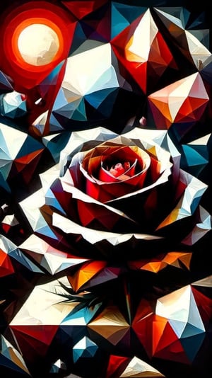A dramatic surrealist All-Rose Digital Painting, in Max Ernst's style,  on different papers, different looks, different colours, intricately textured, structured and detailed,  deep focus, deep contrast, clear outlines, detailmaster2,  backlight, scarlet-grey background, dark palette,ral-polygon