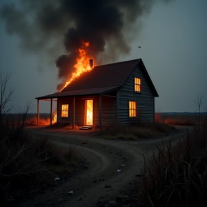 ( photography National geographic style,  masterpiece) A little farmhouse in a poor isolated countryside burns down. It's dramatic, tells a long story of hard work and lost fights . Hard and dry ground around ths burning house, old farmhouses stuff lying around. Dark, greyish dull colouring except for the flames shooting out of the farmhouse windows. Dark palette , high resolution and contrast and colour contrast,  intricately textured and extremely subtle detailed,  detailmaster2,  strobe lighting, ultra quality , fine artwork 