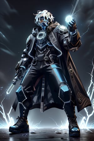 male figure with medium white hair. lean athletic body, ((black long coat jacket)), blue riot armor, ((combat pants, combat boots, blue visor, mouthcover)), blue Tron lines. lightning and electricity sparking around, blue gauntlets, ledarraytech 