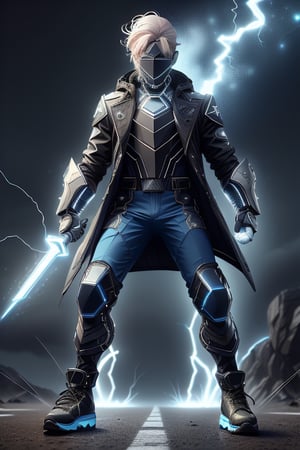 male figure with medium white hair. lean athletic body, ((black long coat jacket)), blue riot armor, ((combat pants, combat shoes, blue visor, mouthcover)), blue Tron lines. lightning and electricity sparking around, blue gauntlets, ledarraytech 