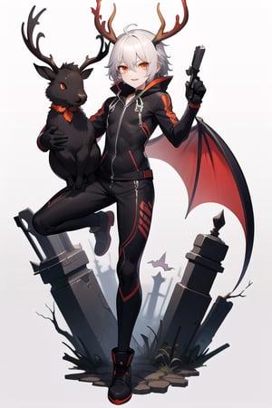 demonic jackalope, assassin black gear, male, bat_wings, teenager, demonic tail, revolver, dagger, white hair, orange trim, full body image, bucked incisors, urban hellscape, elk horns, red-orange eyes