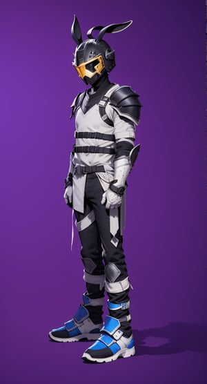 ((human male)), ((whole-body)), ((blue, white, and black colors)), helmet, chest armor, pauldrons, bunnytech, riot armor, post-apocalypic_fashion, Cyberpunk