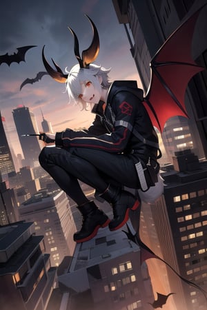 demonic jackalope, assassin black gear, male, bat_wings, teenager, demonic tail, revolver, dagger, white hair, orange trim, full body image, bucked incisors, city hellscape, elk horns, red-orange eyes, atop a building