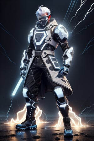 male figure with medium white hair. lean athletic body, ((black long coat jacket)), blue riot armor, ((combat pants, combat boots, blue visor, black mouthcover)), blue Tron lines. lightning and electricity sparking around, blue gauntlets, ledarraytech 