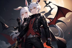 demonic jackalope, assassin black gear, male, bat_wings, teenager, demonic tail, revolver, dagger, white hair, orange trim