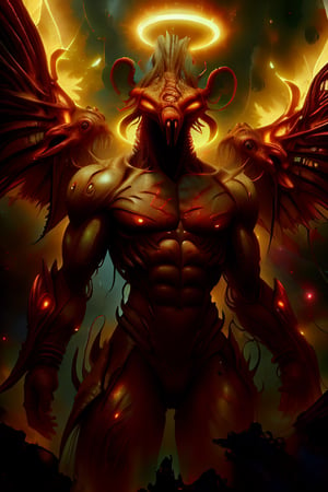 one creature with Two pairs of wings in the shape of a swan and fashioned from iridescent flames, flickering majestically. A great sinewy body, glowing so bright. skin the color of lava, an angry reddish orange with flecks of black, a humanlike torso. The head is shaped like an anteater's but eyeless, blessedtech, dreadtech, disturbing, dreadtech, sci-fi,