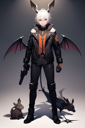 demonic jackalope, assassin black gear, male, bat_wings, teenager, demonic tail, revolver, dagger, white hair, orange trim, full body image, bucked incisors