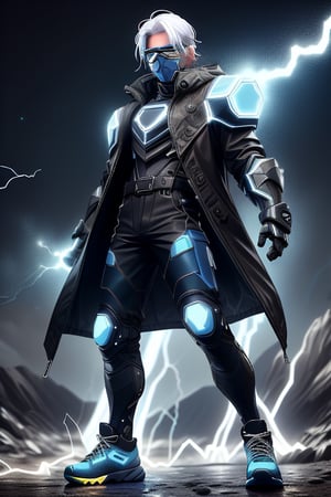 male figure with medium white hair. lean athletic body, ((black long coat jacket)), blue riot armor, ((combat pants, combat shoes, blue visor, mouthcover)), blue Tron lines. lightning and electricity sparking around, blue gauntlets, ledarraytech 