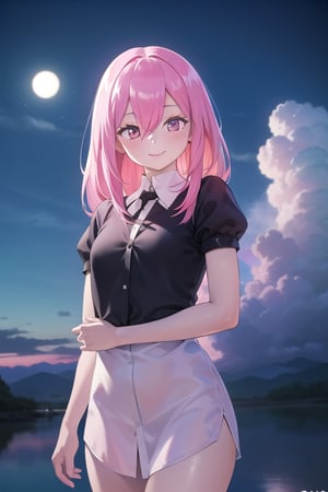 realistic, long pink hair, clear face, smile, cute, cute smile, pretty, ecchi, dress_shirt, fullmoon behind clouds