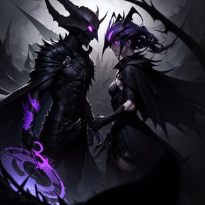 "Amidst a twisted realm of eternal twilight, Noxvael stands as the ominous embodiment of the void's malevolent power. A fusion of chilling darkness and chaotic energy, he resembles a haunting fusion of the Batman Who Laughs and Harley Quinn, draped in a cloak of black matter akin to Kha'zix's death star concept. His eyes, ablaze with otherworldly violet flames, pierce through the shadows with an unsettling intensity.

In the heart of this eerie landscape, Noxvael's scythe gleams with an ethereal light, casting an eerie glow that paints the land in surreal shades of purple and black. A reflection of his true nature, the scythe serves as both an instrument of destruction and a conduit for his mastery over the void's power.

Surrounded by the remnants of a fractured reality, Noxvael engages in a tense conversation with an enigmatic figure. Shadows dance around them, whispering secrets and veiling their motives. A distorted fusion of light and darkness forms a backdrop that mirrors the complexity of their alliance, with intricate patterns swirling like cosmic mysteries waiting to be unraveled.

As Noxvael and his unlikely ally confront each other amidst this spectral landscape, the veiled truths of their shared past unravel, weaving a tale of cosmic power, shattered destinies, and the unquenchable thirst for vengeance that binds them together. The air is thick with uncertainty, mirroring the enigmatic essence of Noxvael himself."