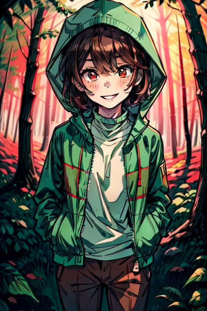 (fisheye lens), chara \(undertale\), storyshift chara,1 girl , Green jacket with hood, flat colors, brown eyes, brown hair, bright eyes, smile, flushed cheeks, white shirt, brown pants, white shirt, open jacket, unzipped jacket, simple jacket,snowy forest, Deep forest