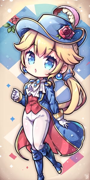 Princess Peach, solo, 1girl, hat, blonde hair, blue eyes, jewelry, earrings, long hair, hat feather, pants, ascot, red rose, hat flower, ponytail, rapier, white pants, white gloves, boots, blue jacket, long sleeves,