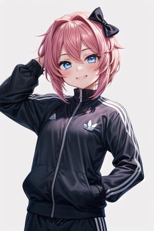 ((simple background, upper body)), ((1girl, Sayori, pink hair cut to chin length, black bow, blue eyes)), ((adidas tracksuit, black track jacket, black track pants)), (hand on pocket, looking at viewer, grin), more_details:0.5