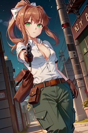 ((military clothes)), (1girl, solo, Monika, Doki Doki Literature Club!, {green eyes, light brown hair, long ponytail with white bow} ), ((dress shirt, short sleeves, unbuttoned)), (baggy pants), (many belts, leather gloves, pouch), ((aiming at viewer, holding pistol, handgun)),