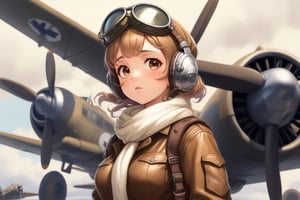 The girl is standing in front of a vintage WWII propeller plane, looking determined and ready for action. She is wearing a brown leather flight suit with a white scarf tied around her neck. She has a matching brown leather cap with earflaps, and a pair of aviator goggles perched on her forehead. In her hand, she holds a white flying helmet with a pair of headphones attached. She looks like she's ready to take on the enemy and defend her country, kawaii, small breasts, looking at viewer, from front, 