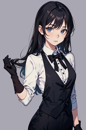 (((simple background))), ((1girl, medium chest)), (female focus), ((Fantasy Clothing, butler clothes, black gloves, black tie, slacks)),   